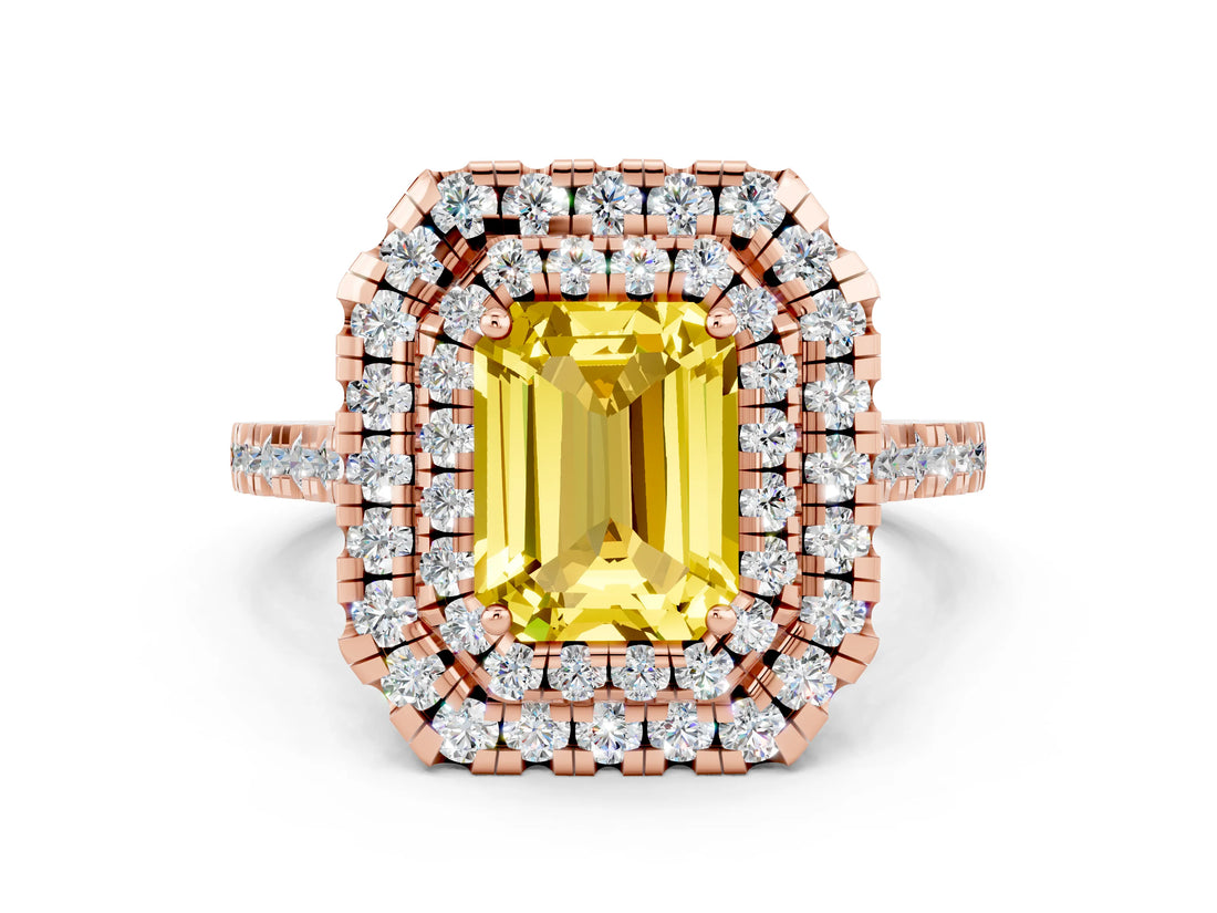 Rose gold Double Halo Emerald Cut Yellow Sapphire Pavé Band with Four-Prong Setting_24