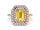 Rose gold Double Halo Emerald Cut Yellow Sapphire Pavé Band with Four-Prong Setting_24