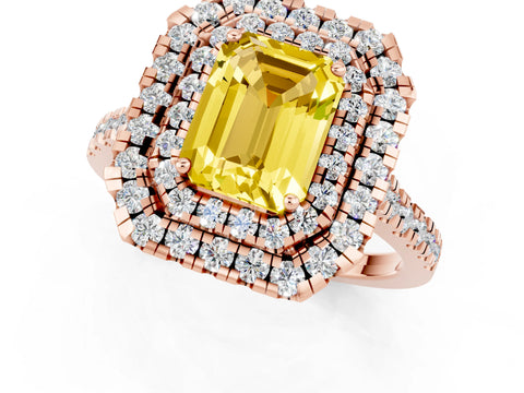 Rose gold Double Halo Emerald Cut Yellow Sapphire Pavé Band with Four-Prong Setting_25