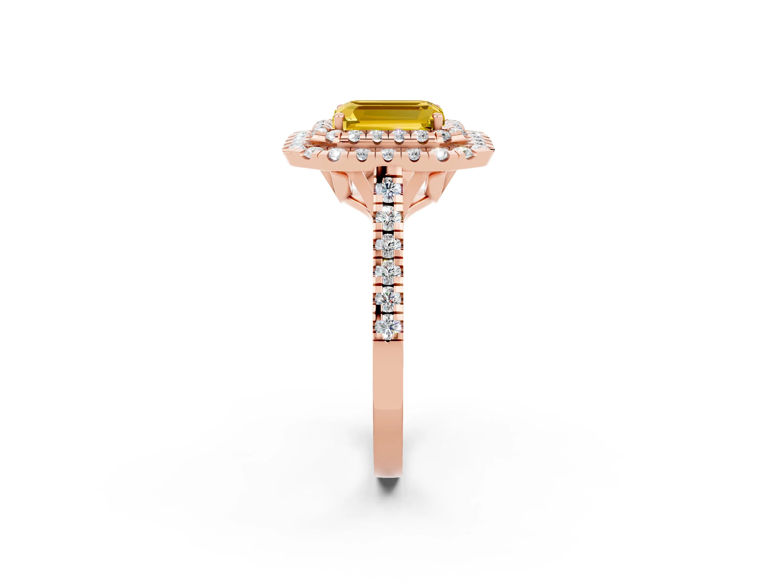 Rose gold Double Halo Emerald Cut Yellow Sapphire Pavé Band with Four-Prong Setting_26