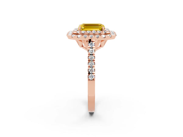 Rose gold Double Halo Emerald Cut Yellow Sapphire Pavé Band with Four-Prong Setting