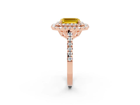 Rose gold Double Halo Emerald Cut Yellow Sapphire Pavé Band with Four-Prong Setting_26