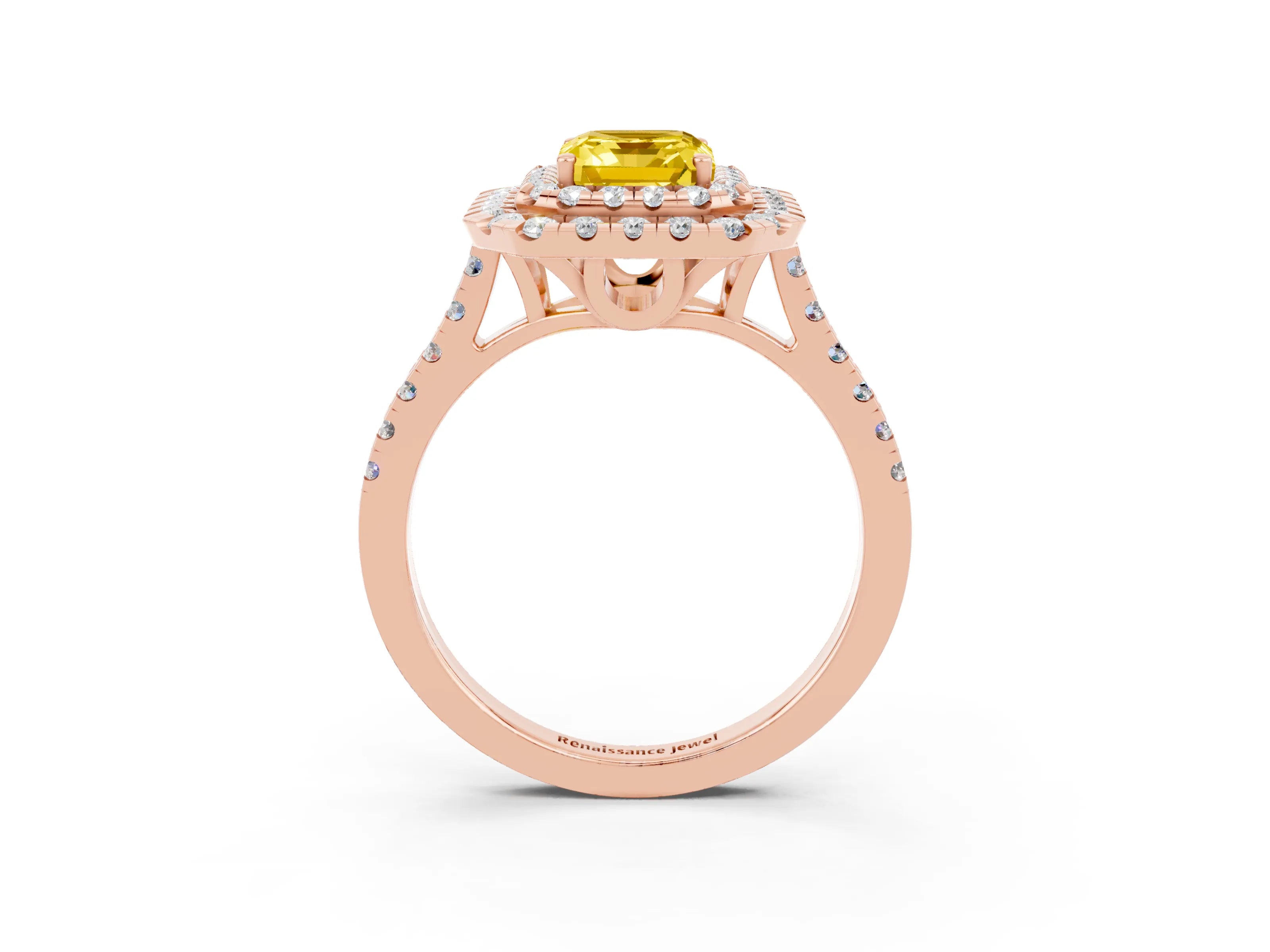 Rose gold Double Halo Emerald Cut Yellow Sapphire Pavé Band with Four-Prong Setting_27
