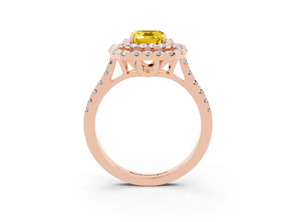 Rose gold Double Halo Emerald Cut Yellow Sapphire Pavé Band with Four-Prong Setting