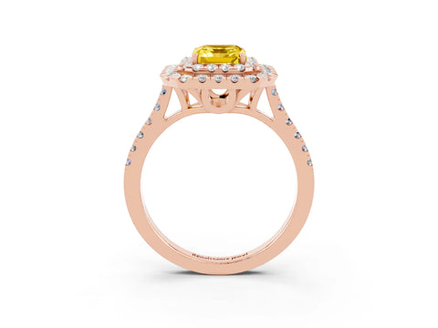 Rose gold Double Halo Emerald Cut Yellow Sapphire Pavé Band with Four-Prong Setting_27