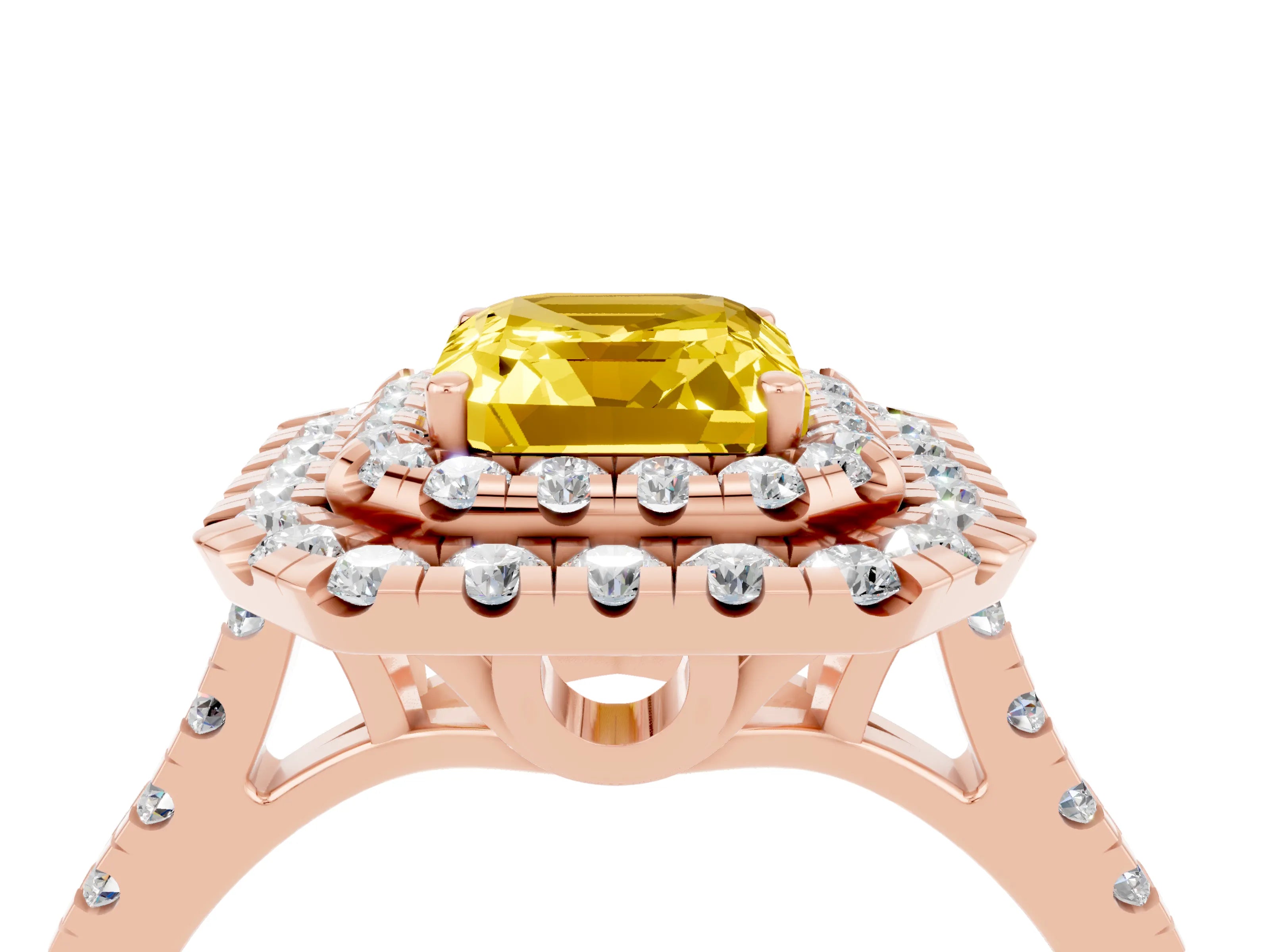 Rose gold Double Halo Emerald Cut Yellow Sapphire Pavé Band with Four-Prong Setting_28