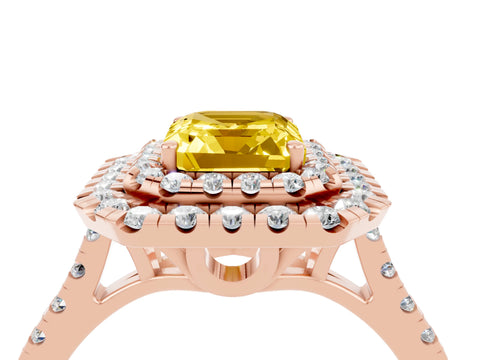 Rose gold Double Halo Emerald Cut Yellow Sapphire Pavé Band with Four-Prong Setting_28