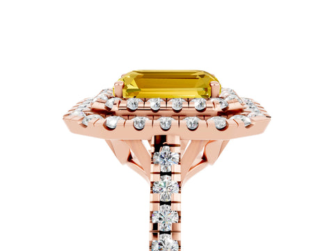 Rose gold Double Halo Emerald Cut Yellow Sapphire Pavé Band with Four-Prong Setting_29