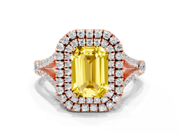 Rose gold Double Halo Emerald Cut Yellow Sapphire Pavé Split Shank Ring with Prong Setting