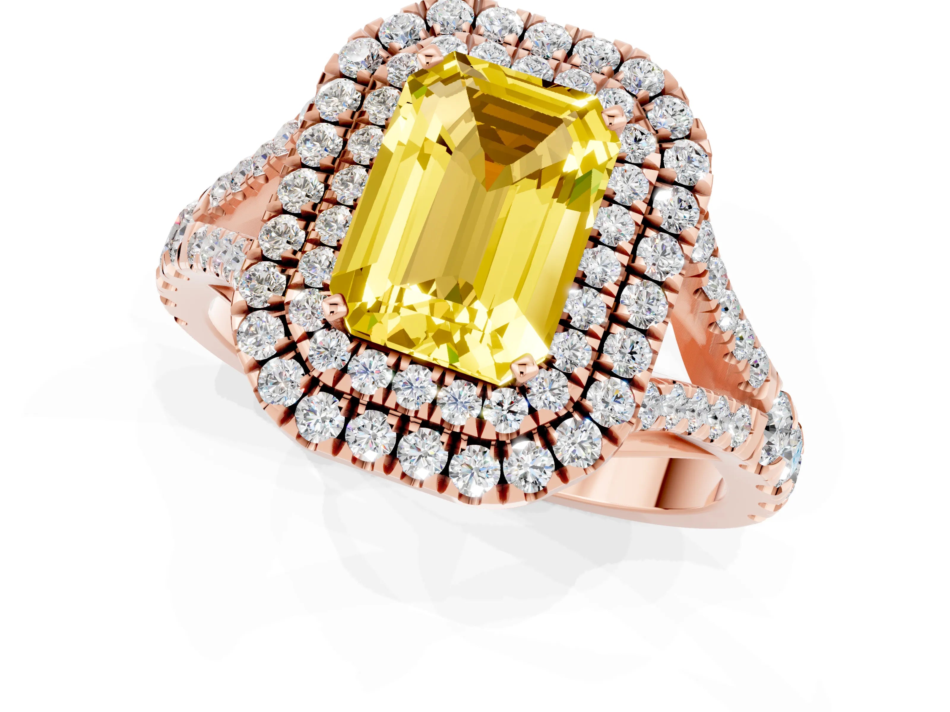 Rose gold Double Halo Emerald Cut Yellow Sapphire Pavé Split Shank Ring with Prong Setting_1