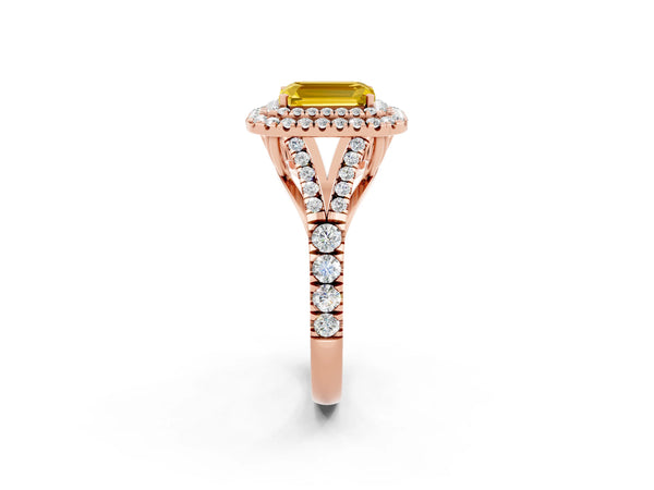 Rose gold Double Halo Emerald Cut Yellow Sapphire Pavé Split Shank Ring with Prong Setting