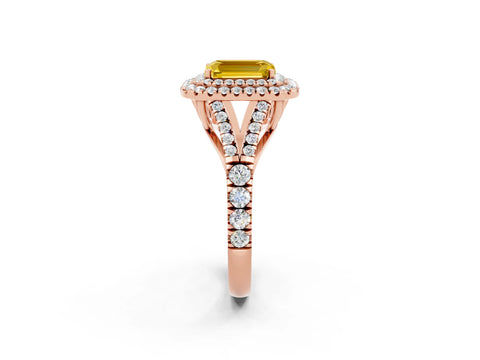 Rose gold Double Halo Emerald Cut Yellow Sapphire Pavé Split Shank Ring with Prong Setting_2