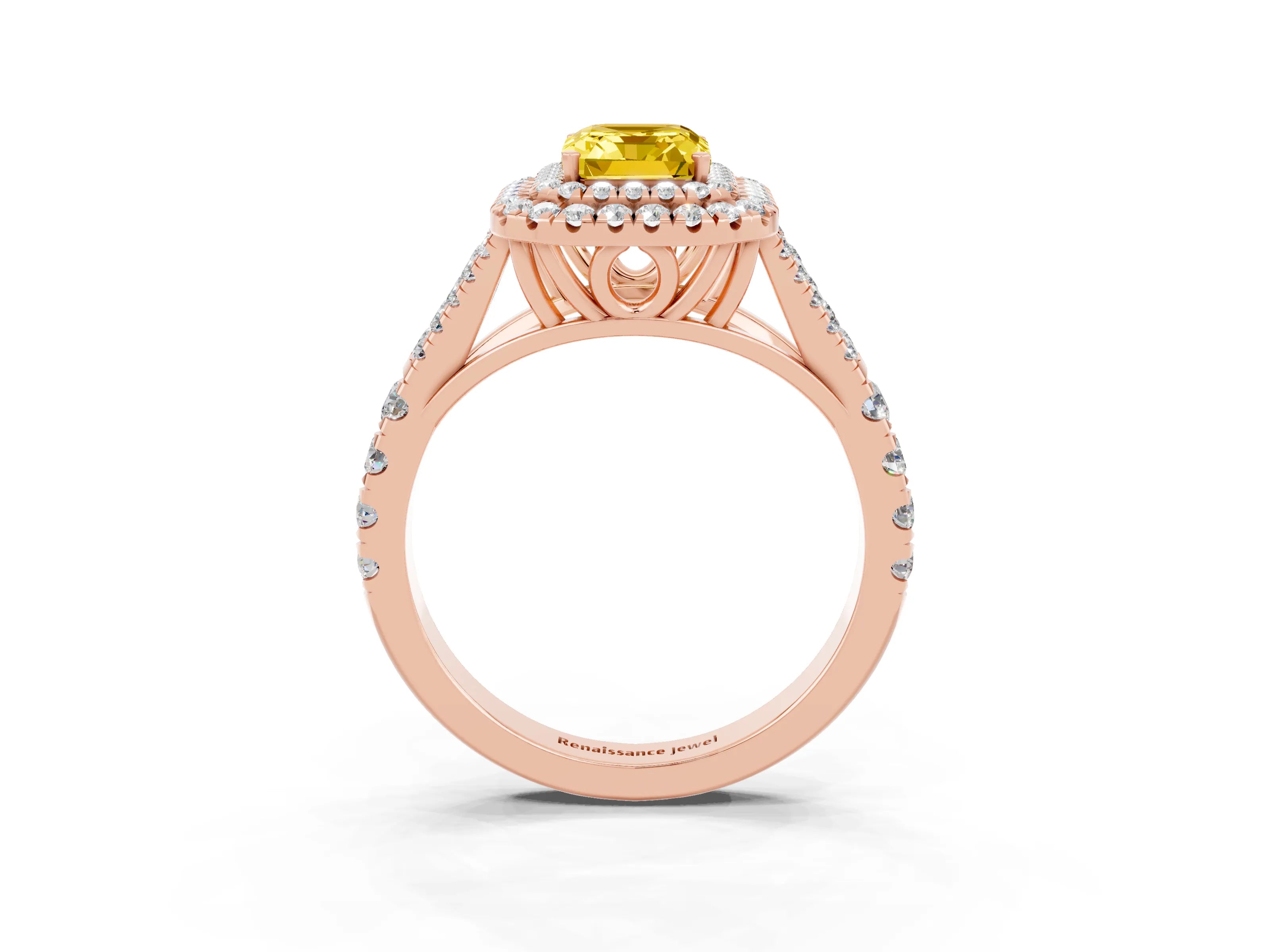 Rose gold Double Halo Emerald Cut Yellow Sapphire Pavé Split Shank Ring with Prong Setting_3