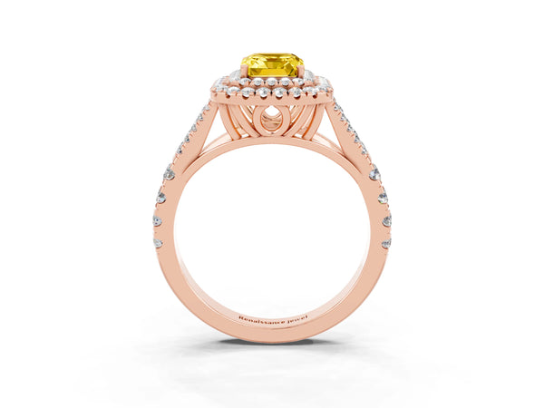 Rose gold Double Halo Emerald Cut Yellow Sapphire Pavé Split Shank Ring with Prong Setting