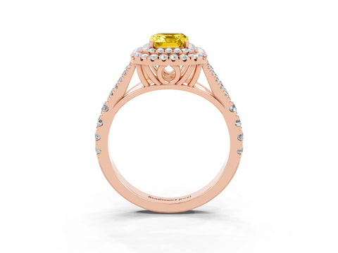 Rose gold Double Halo Emerald Cut Yellow Sapphire Pavé Split Shank Ring with Prong Setting_3