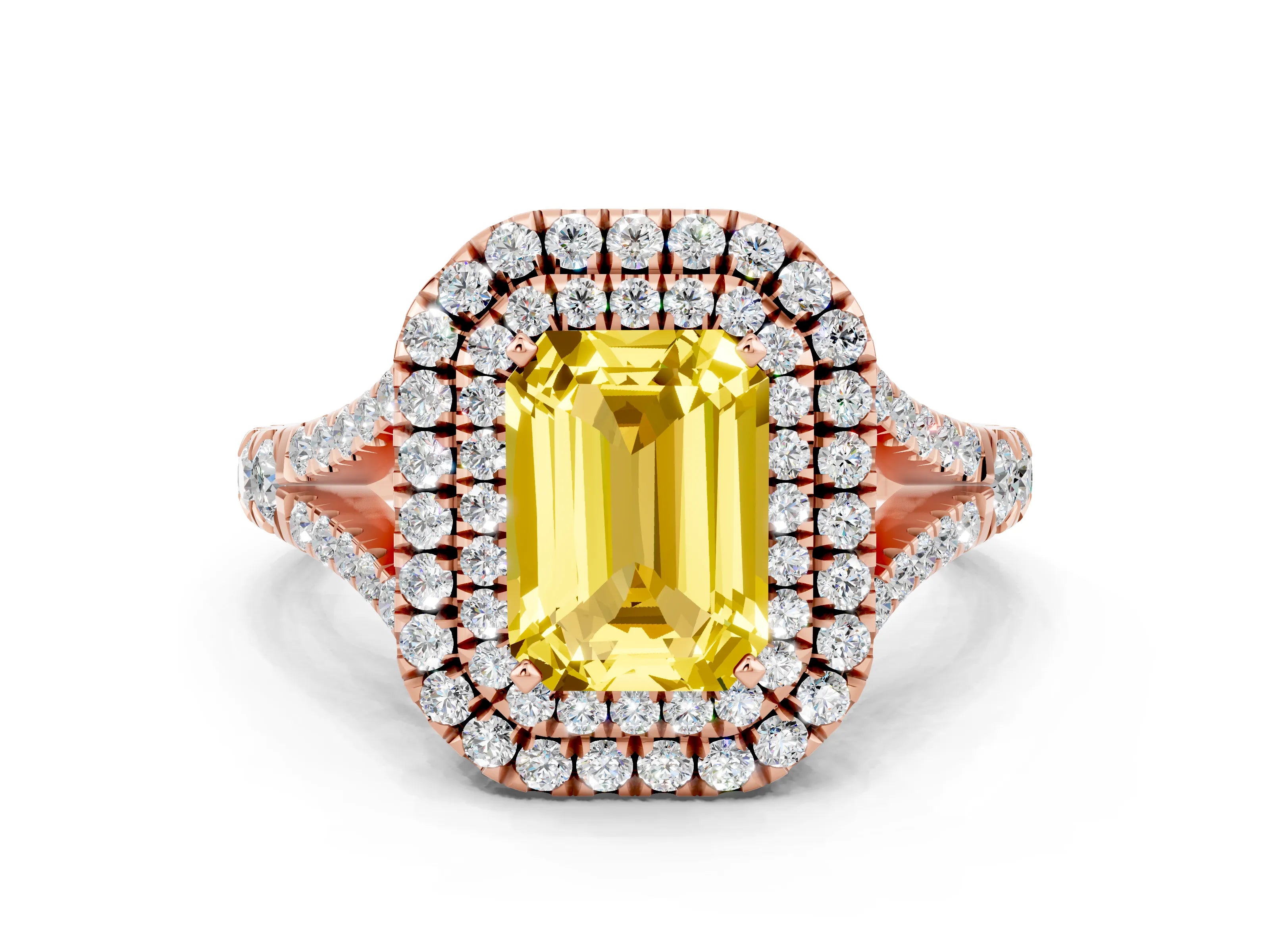 Rose gold Double Halo Emerald Cut Yellow Sapphire Split Shank Engagement Ring with Four-Prong Setting