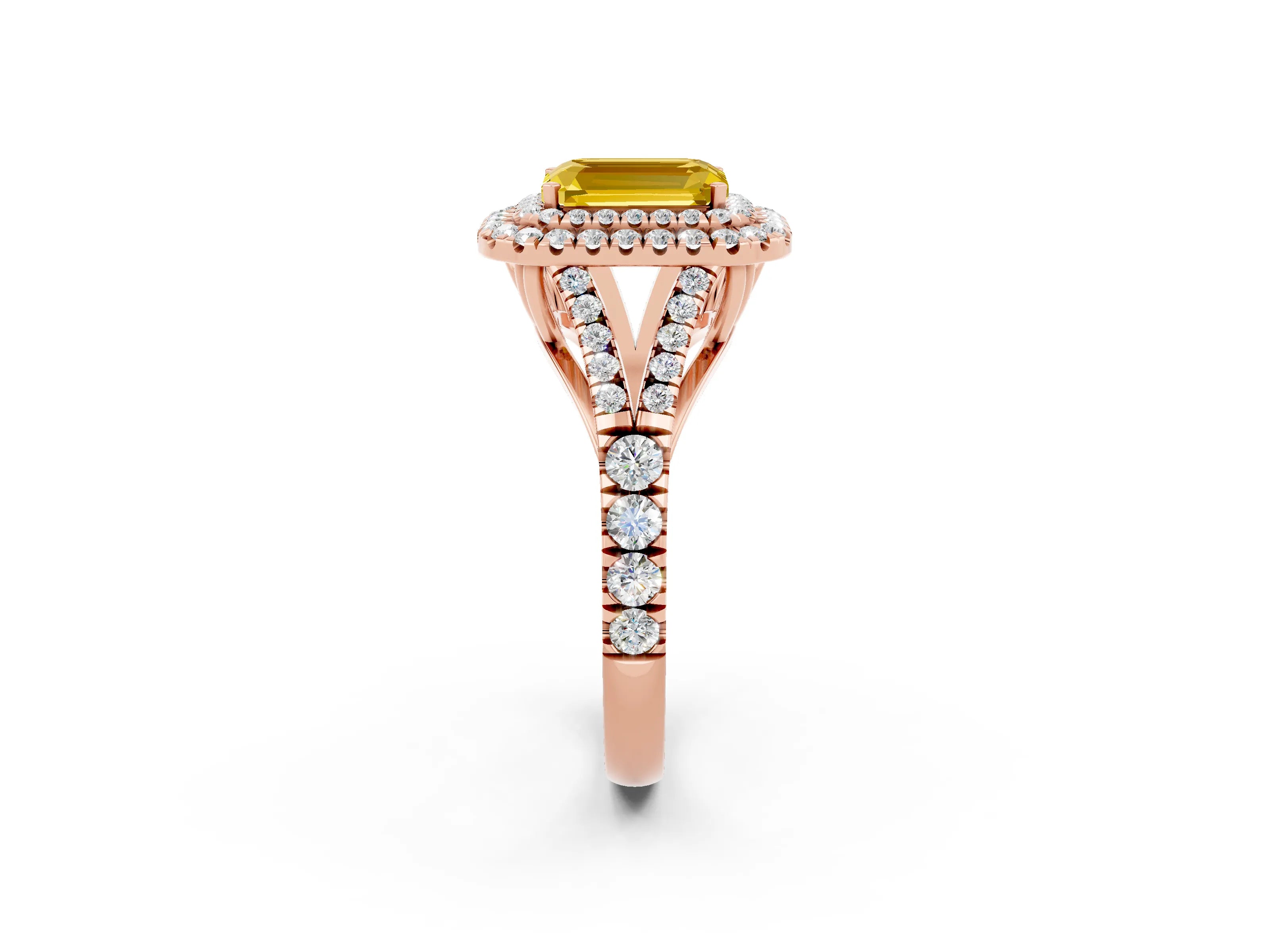 Rose gold Double Halo Emerald Cut Yellow Sapphire Split Shank Engagement Ring with Four-Prong Setting_2
