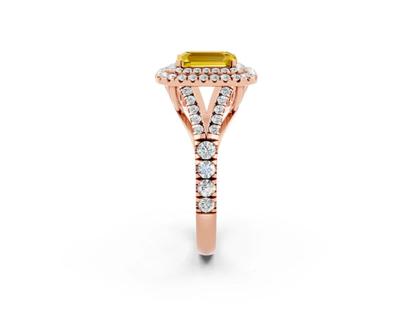 Rose gold Double Halo Emerald Cut Yellow Sapphire Split Shank Engagement Ring with Four-Prong Setting