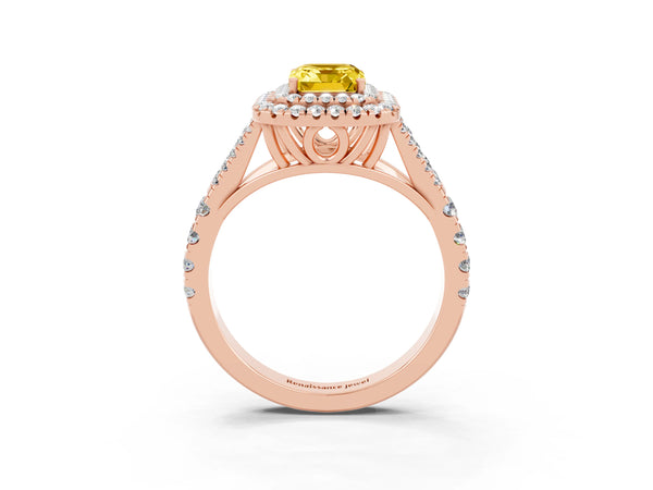 Rose gold Double Halo Emerald Cut Yellow Sapphire Split Shank Engagement Ring with Four-Prong Setting