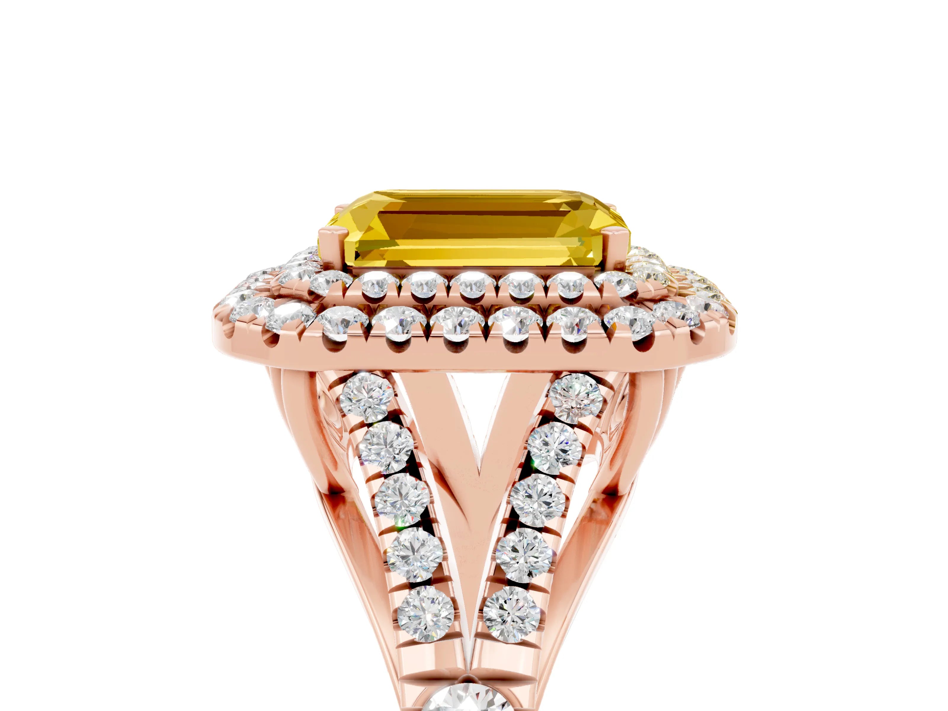 Rose gold Double Halo Emerald Cut Yellow Sapphire Split Shank Engagement Ring with Four-Prong Setting_5
