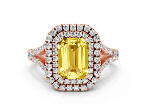 Rose gold Double Halo Emerald Cut Yellow Sapphire Split Shank Engagement Ring with Four-Prong Setting
