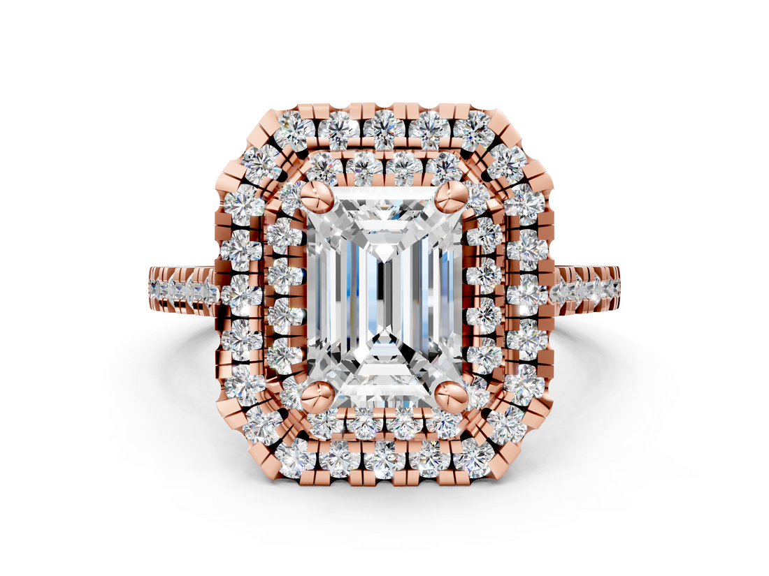 Rose gold Double Halo Emerald Diamond Pave Band with Four-Prong Setting_58