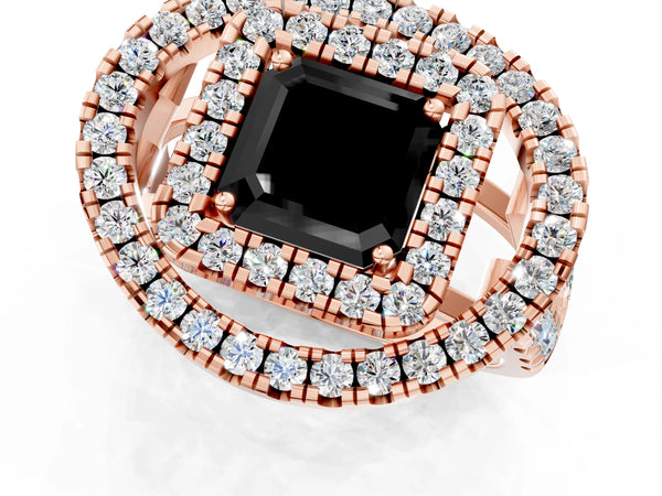 Rose Gold Asscher Cut Double Halo Split Shank Engagement Ring Setting for Black Center