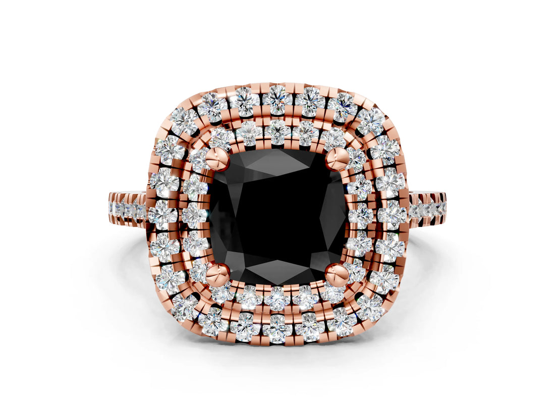 Rose gold Double Halo Fancy Black Cushion Cut Diamond Pavé Band with Four-Prong Setting