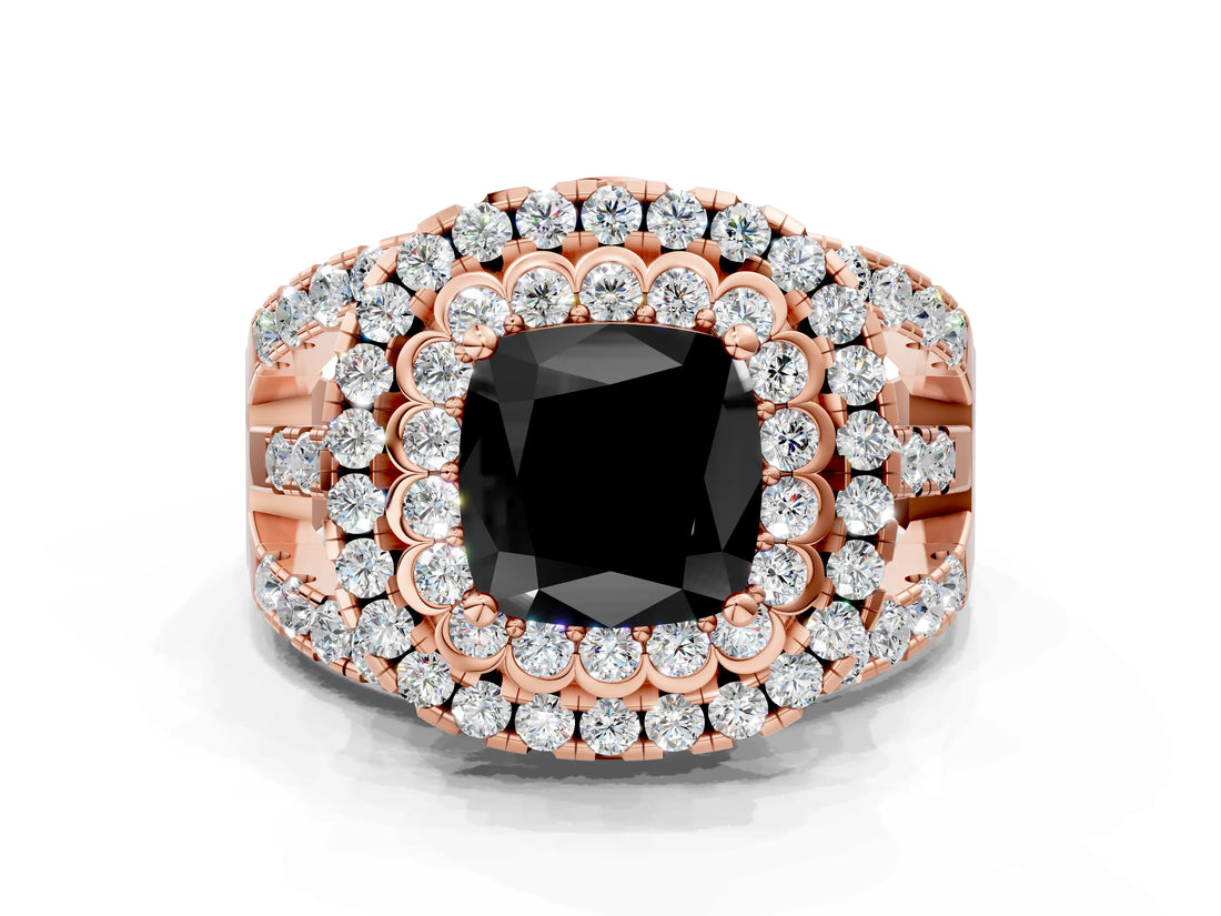 Rose gold Double Halo Fancy Black Cushion Cut Diamond Split Shank Pave Set Ring_3