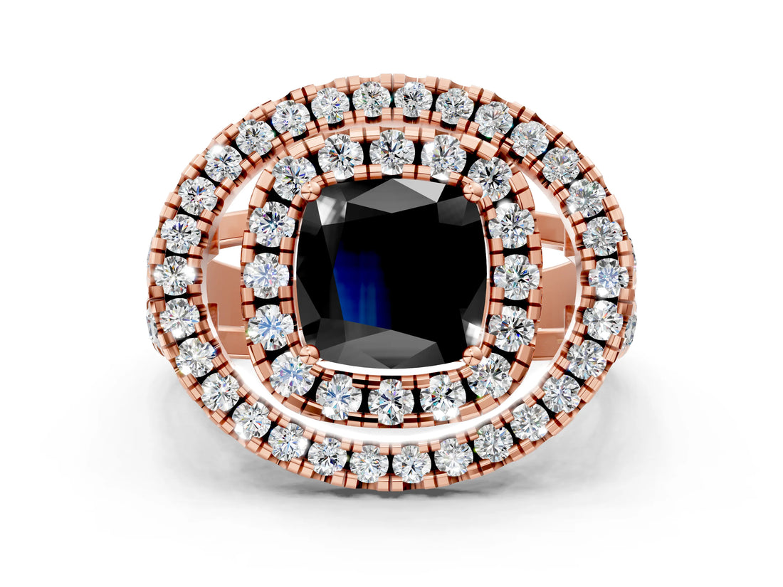 Rose gold Double Halo Fancy Black Cushion Cut Diamond Split Shank Prong Setting Ring