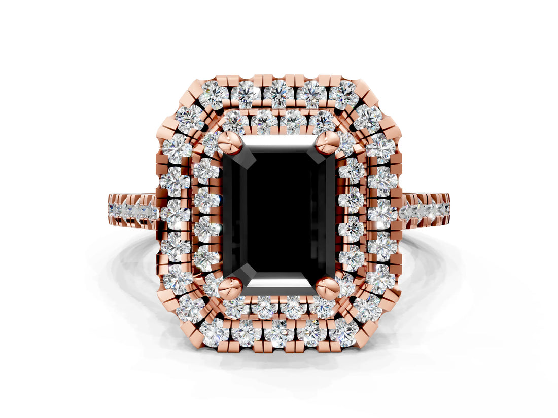 Rose gold Double Halo Fancy Black Emerald Cut Diamond Pavé Band with Four-Prong Setting