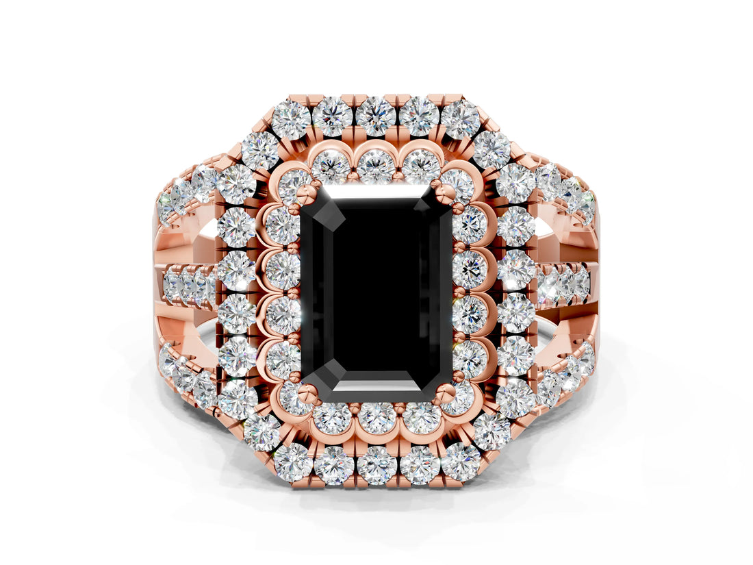 Rose gold Double Halo Fancy Black Emerald Cut Diamond Split Shank Pave Set Ring_3
