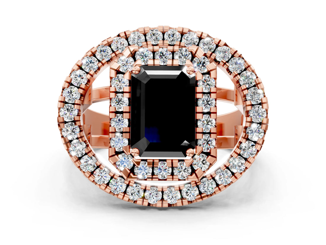 Rose gold Double Halo Fancy Black Emerald Cut Diamond Split Shank Prong Setting Ring