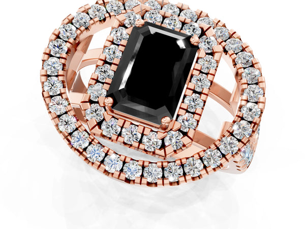 Rose Gold Emerald Cut Double Halo Split Shank Engagement Ring Setting for Black Center
