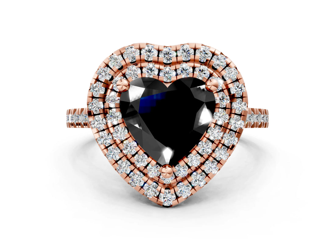 Rose gold Double Halo Fancy Black Heart Cut Diamond Pavé Band with Four-Prong Setting