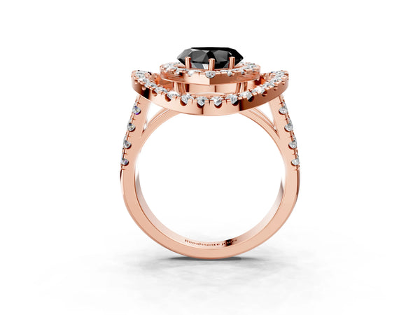 Rose Gold Heart-Shaped Double Halo Split Shank Engagement Ring Setting for Black Center