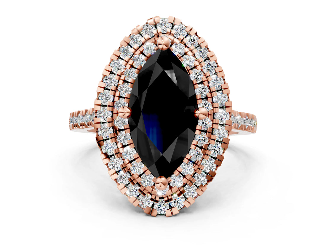 Rose gold Double Halo Fancy Black Marquise Cut Diamond Pavé Band with Four-Prong Setting