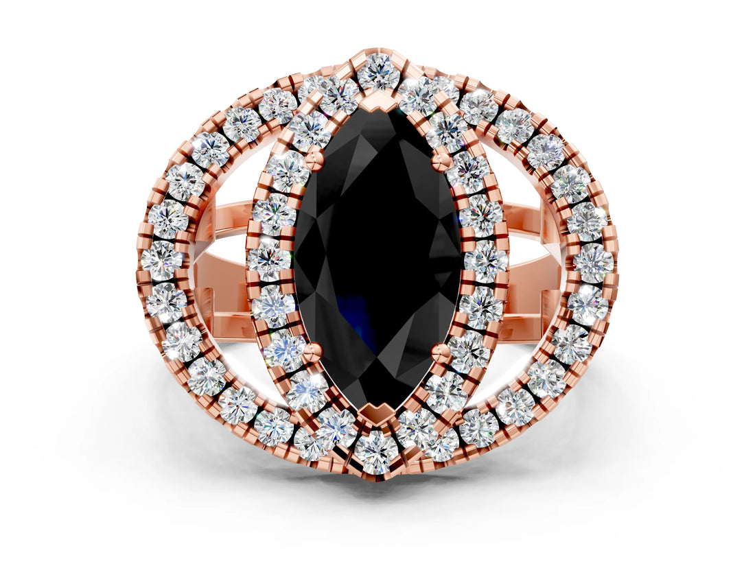 Rose gold Double Halo Fancy Black Marquise Cut Diamond Split Shank Prong Setting Ring