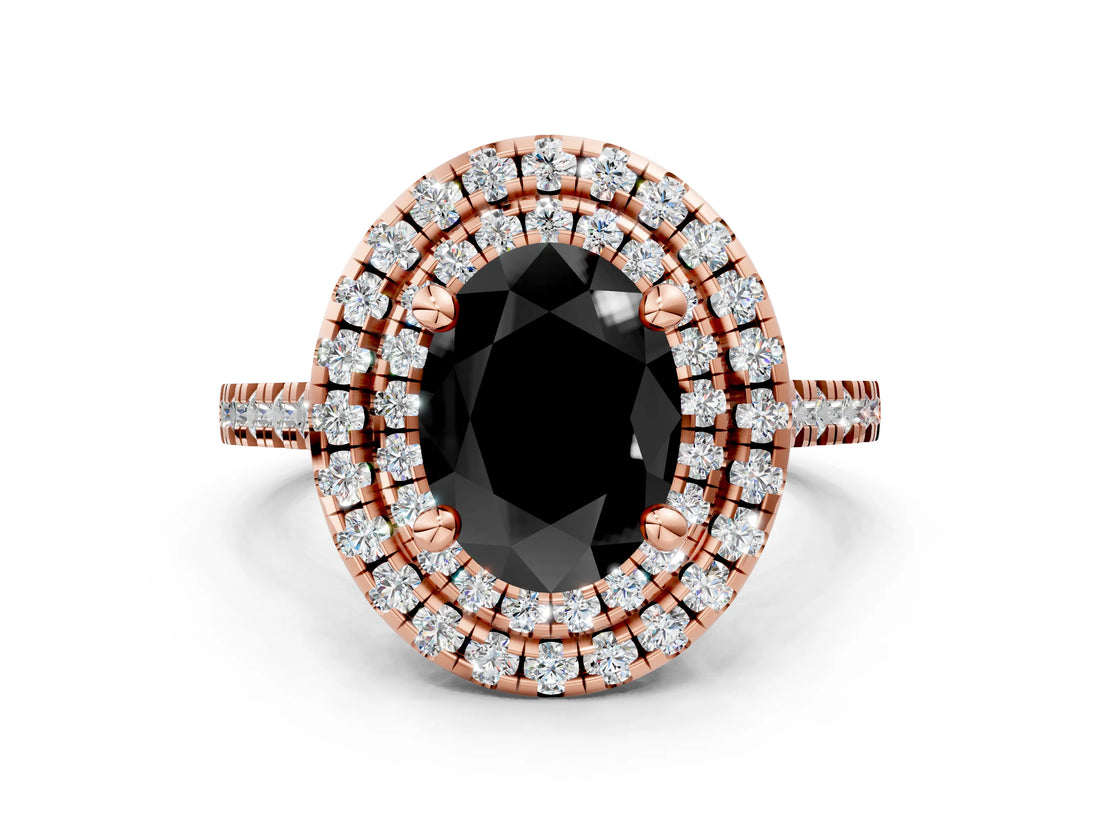 Rose gold Double Halo Fancy Black Oval Cut Diamond Pavé Band with Four-Prong Setting