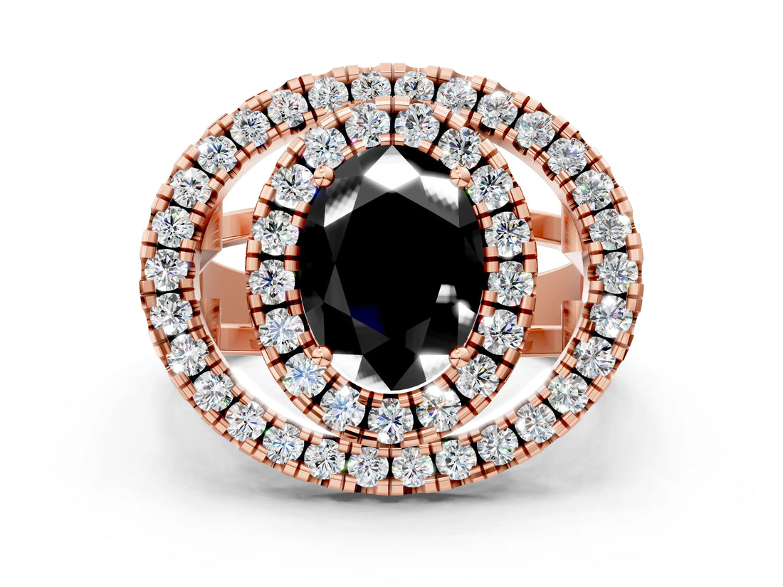 Rose gold Double Halo Fancy Black Oval Cut Diamond Split Shank Prong Setting Ring