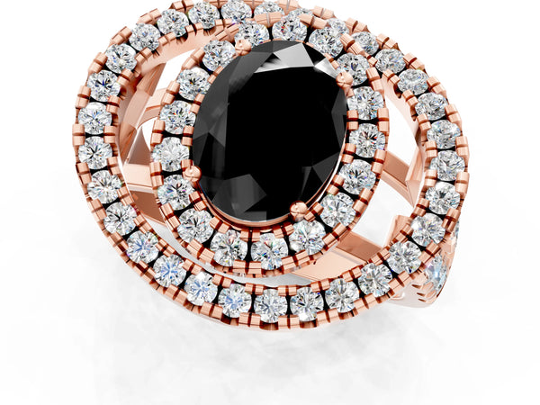 Rose Gold Oval Double Halo Split Shank Engagement Ring Setting for Black Center