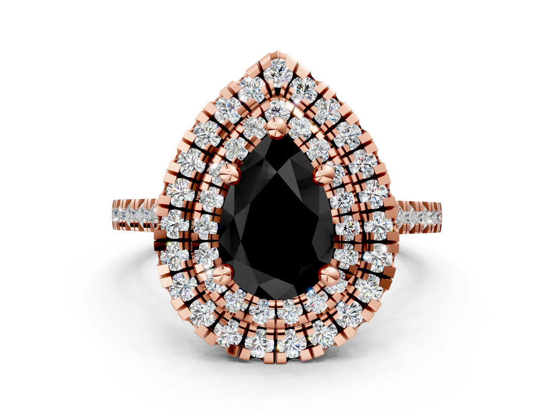 Rose gold Double Halo Fancy Black Pear Cut Diamond Pavé Band with Four-Prong Setting