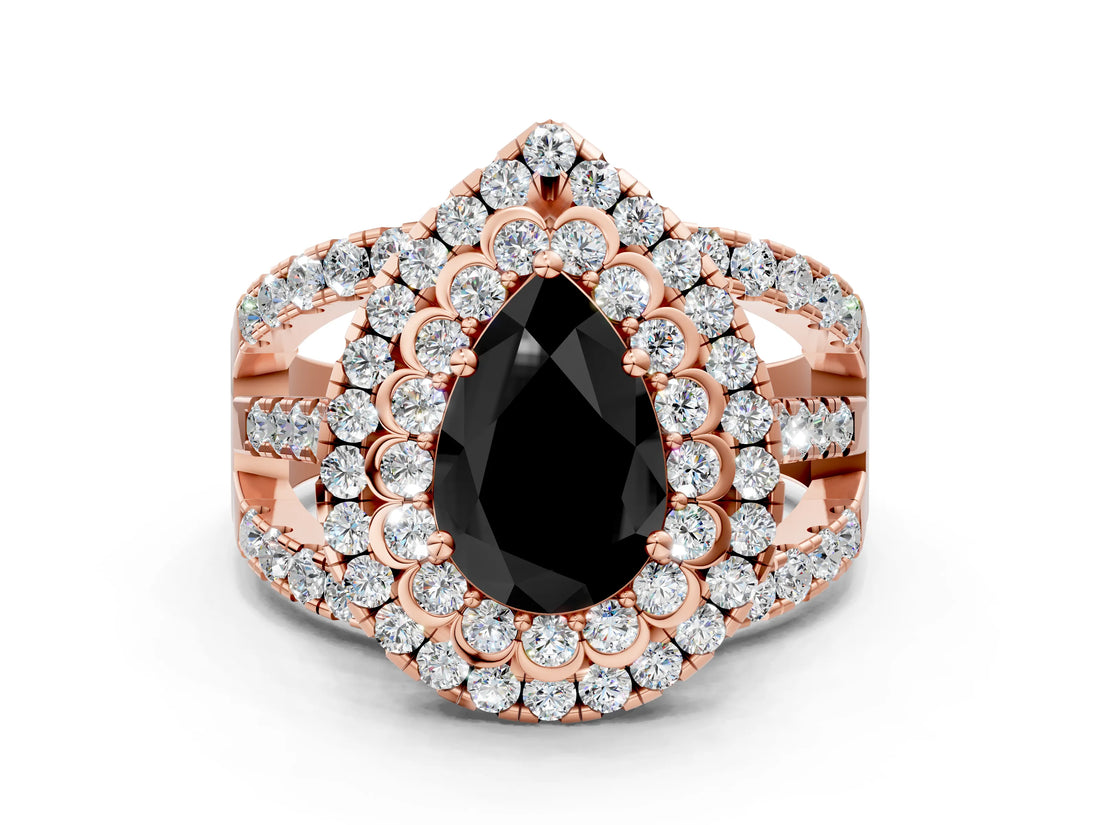 Rose gold Double Halo Fancy Black Pear Cut Diamond Split Shank Pave Set Ring_3