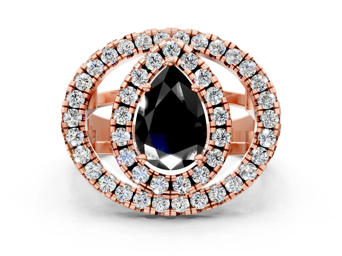Rose gold Double Halo Fancy Black Pear Cut Diamond Split Shank Prong Setting Ring