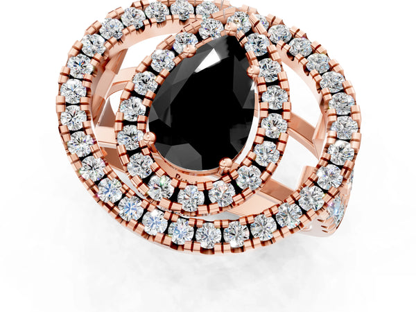 Rose Gold Pear-Shaped Double Halo Split Shank Engagement Ring Setting for Black Center
