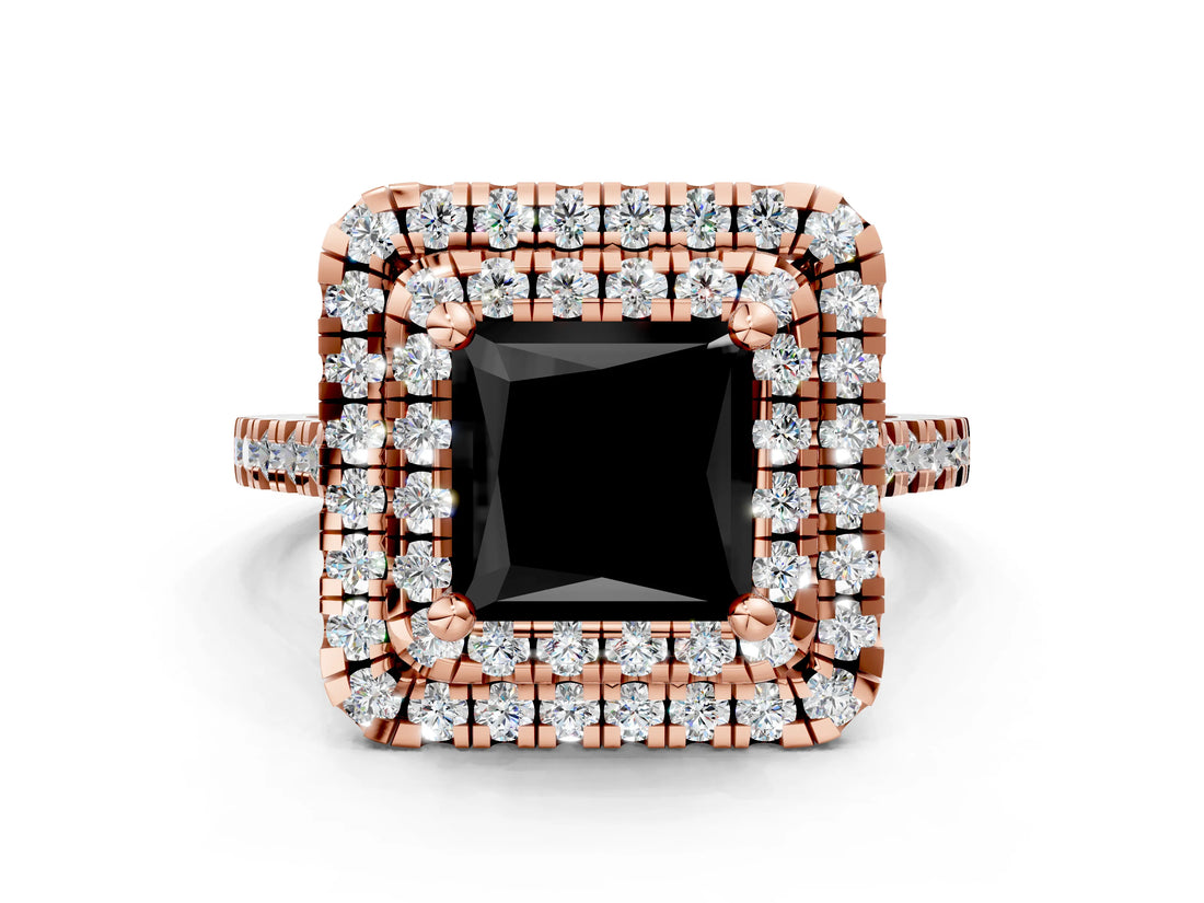Rose gold Double Halo Fancy Black Princess Cut Diamond Pavé Band with Four-Prong Setting