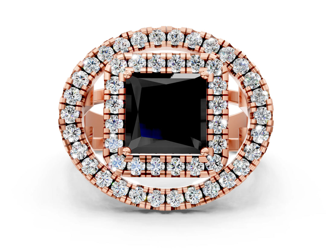 Rose gold Double Halo Fancy Black Princess Cut Diamond Split Shank Prong Setting Ring