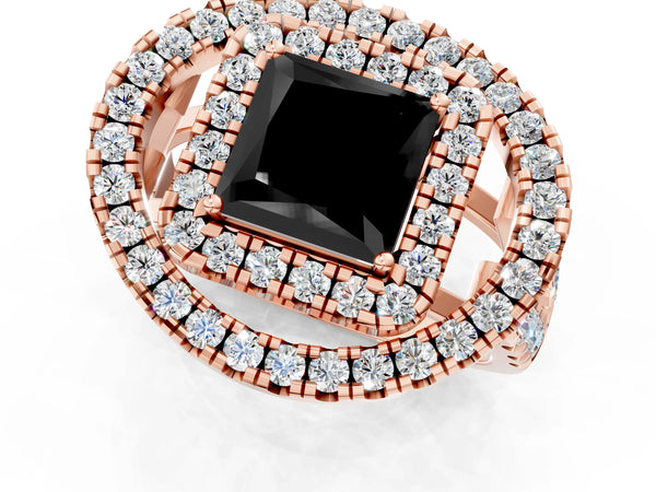 Rose Gold Princess Cut Double Halo Split Shank Engagement Ring Setting for Black Center