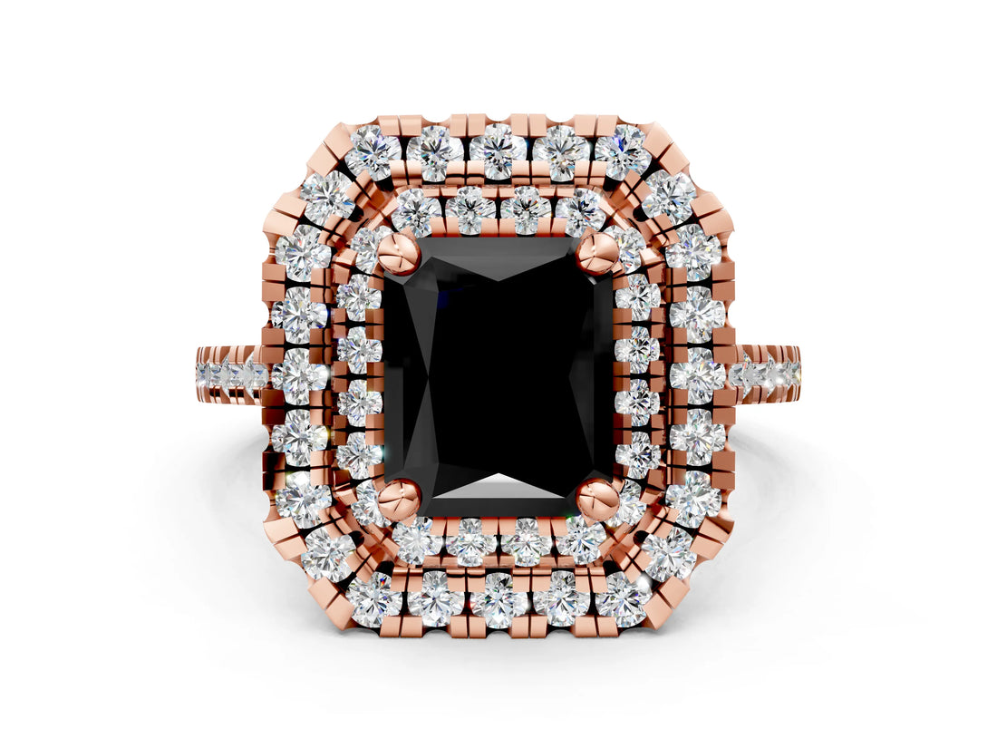 Rose gold Double Halo Fancy Black Radiant Cut Diamond Pavé Band with Four-Prong Setting