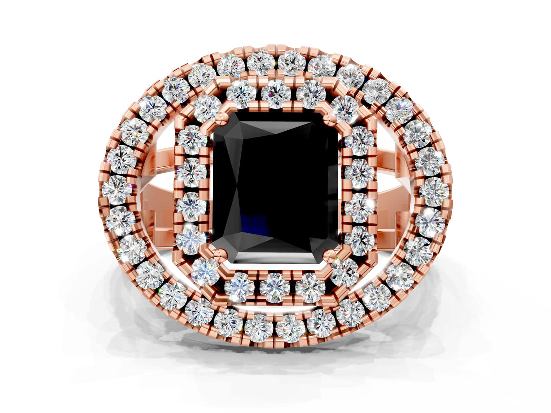 Rose gold Double Halo Fancy Black Radiant Cut Diamond Split Shank Prong Setting Ring